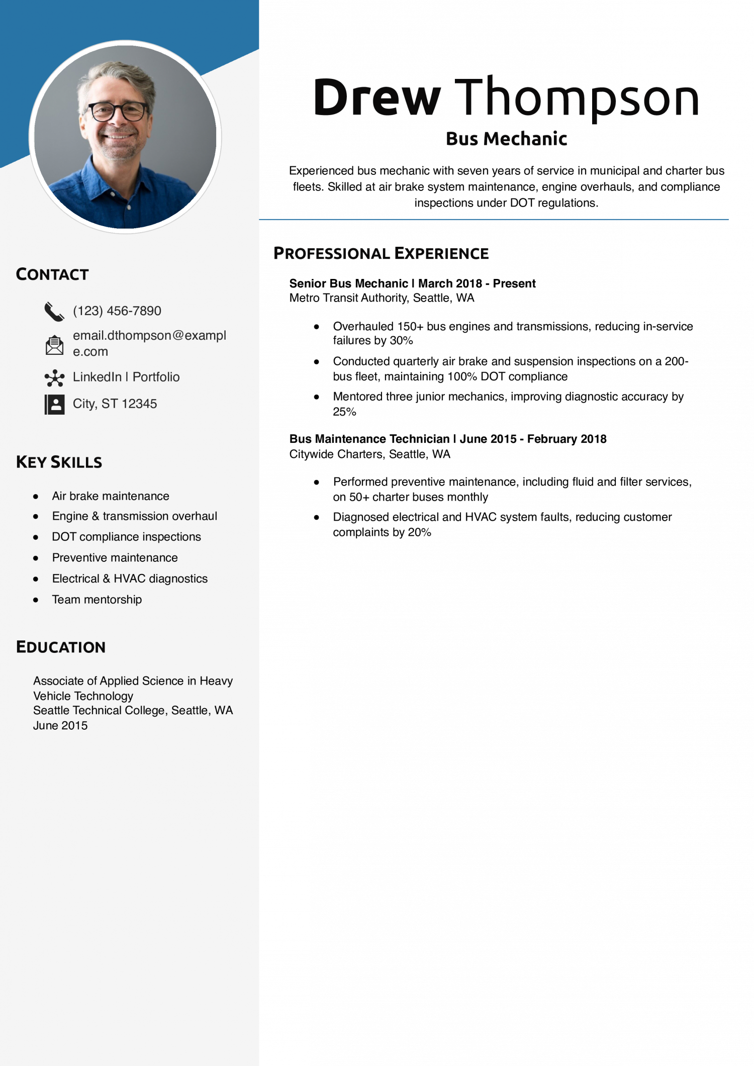 Bus Mechanic Resume Example
