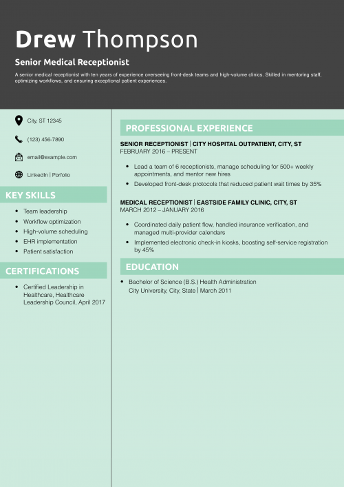 Senior Medical Receptionist Resume Example