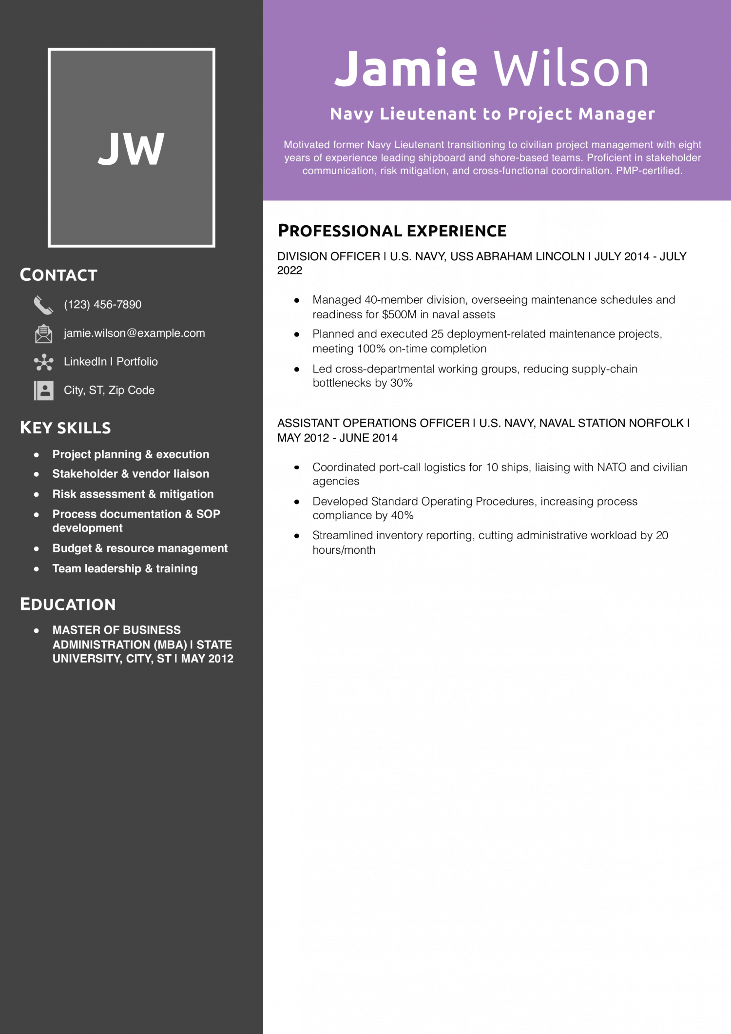 Navy Lieutenant to Project Manager Resume Example 