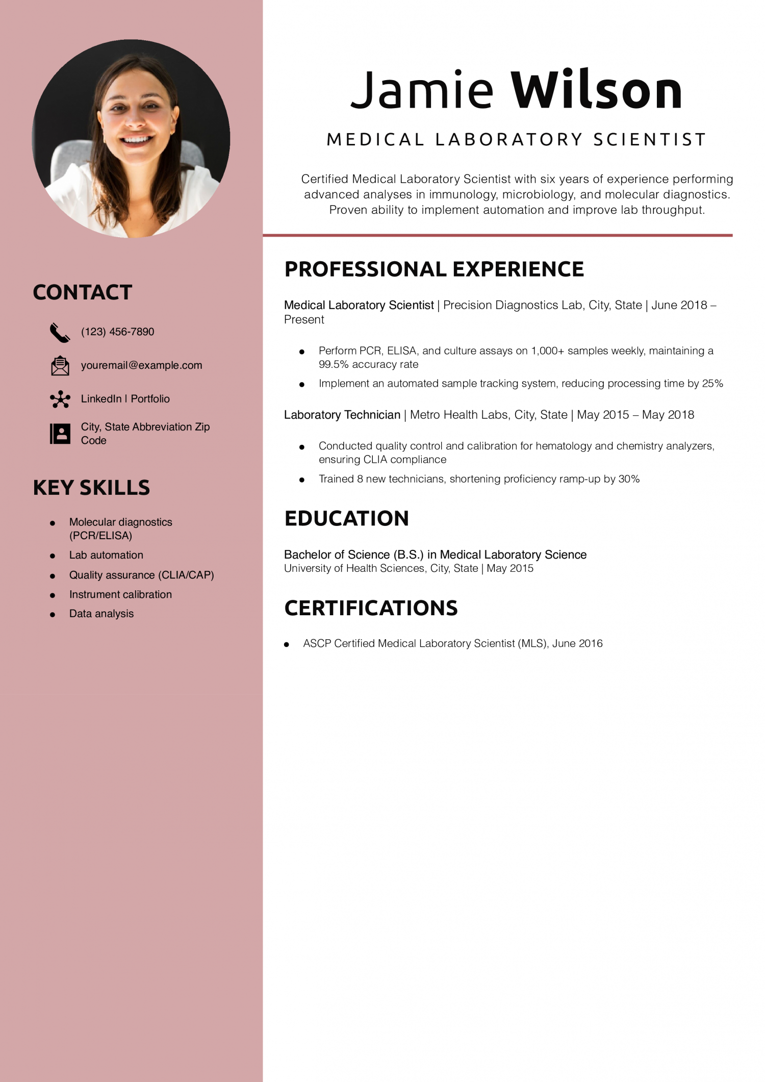 Medical Laboratory Scientist Resume Example