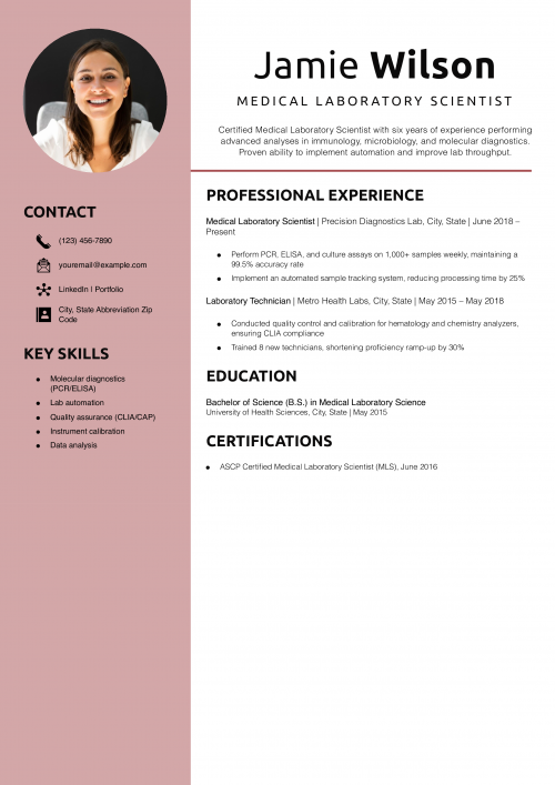 Medical Laboratory Scientist Resume Example