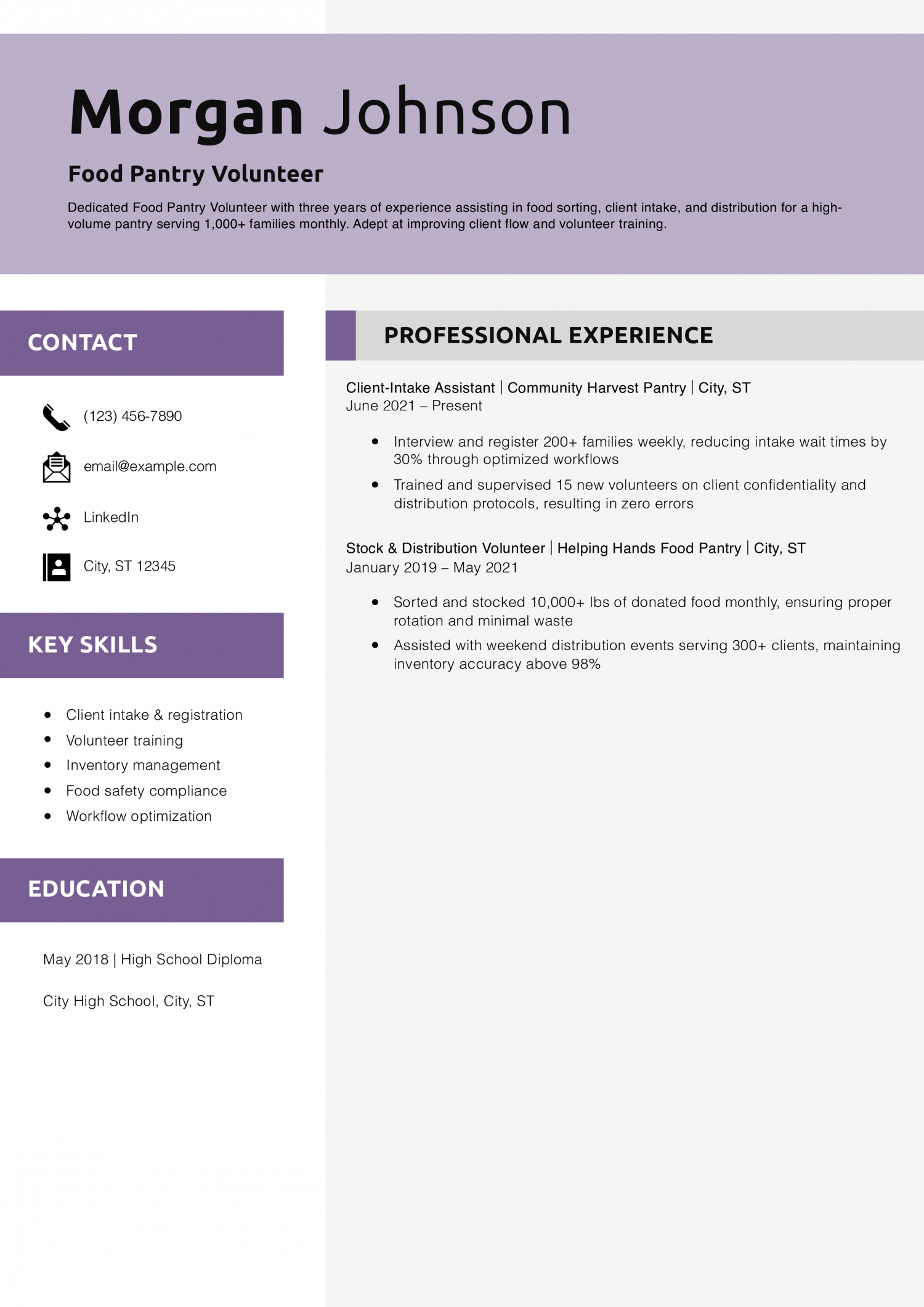 Food Pantry Volunteer Resume Example