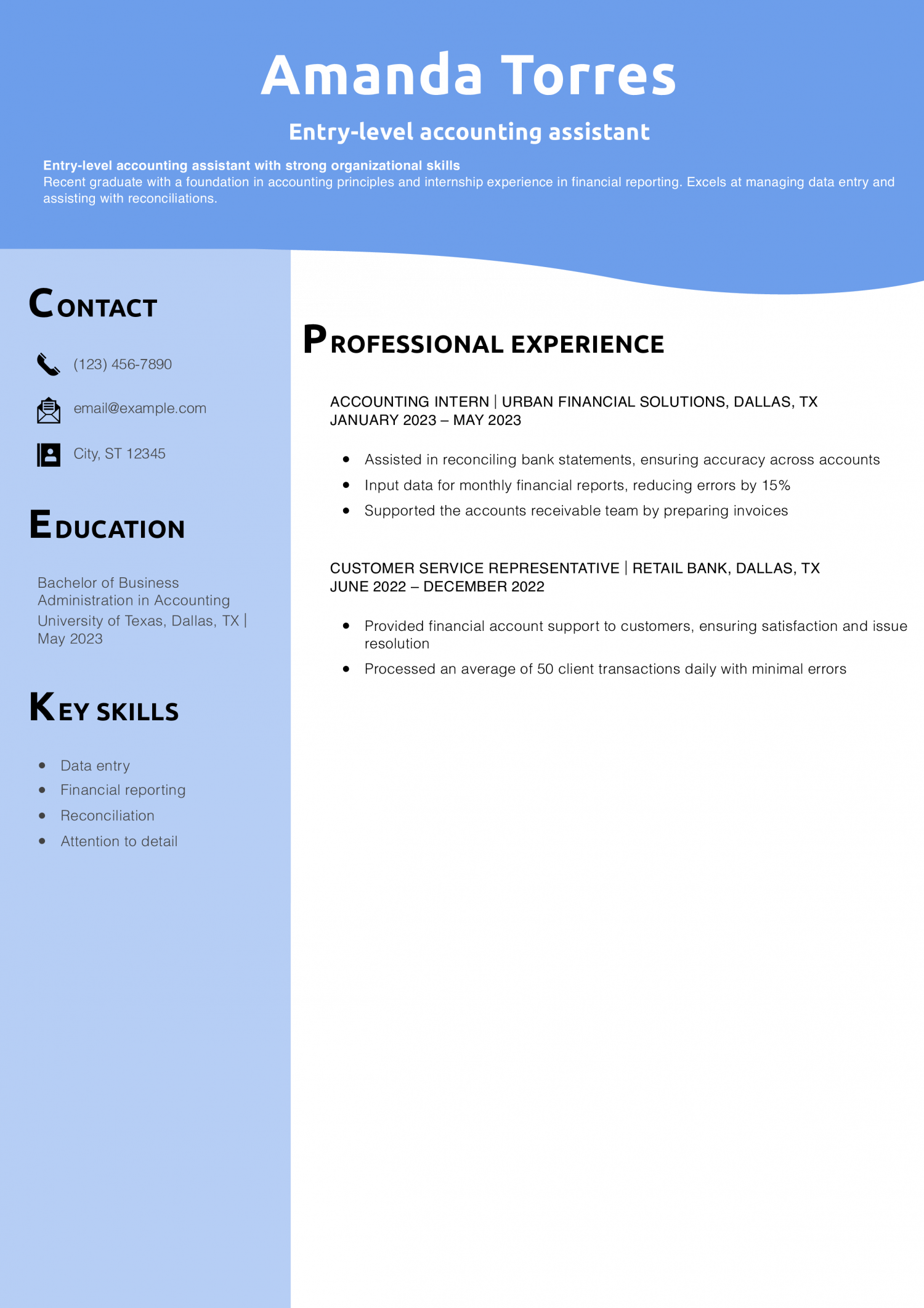 Entry-level accounting assistant resume example