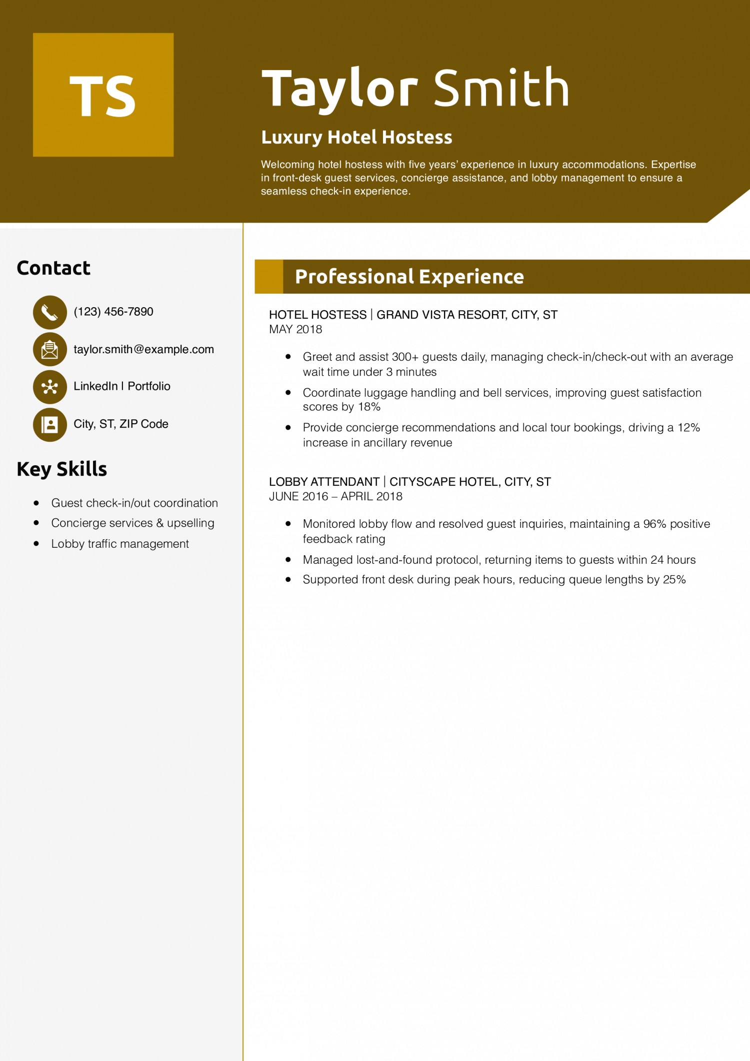 Luxury Hotel Hostess Resume Example