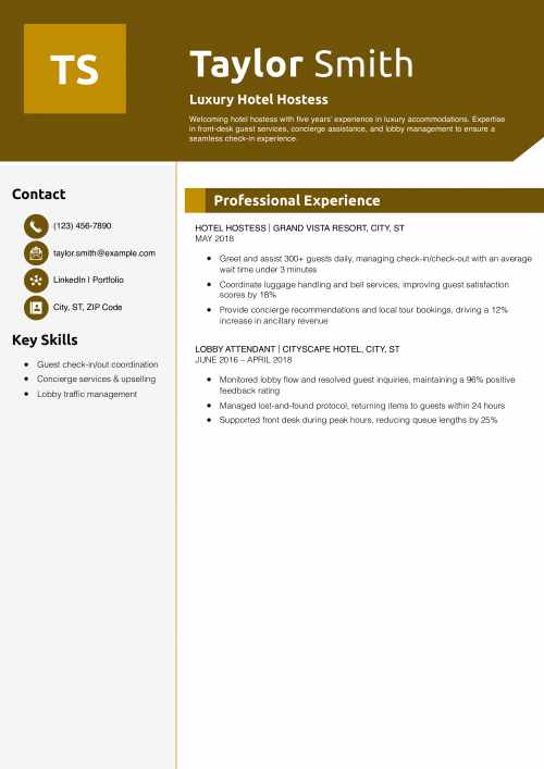 Luxury Hotel Hostess Resume Example