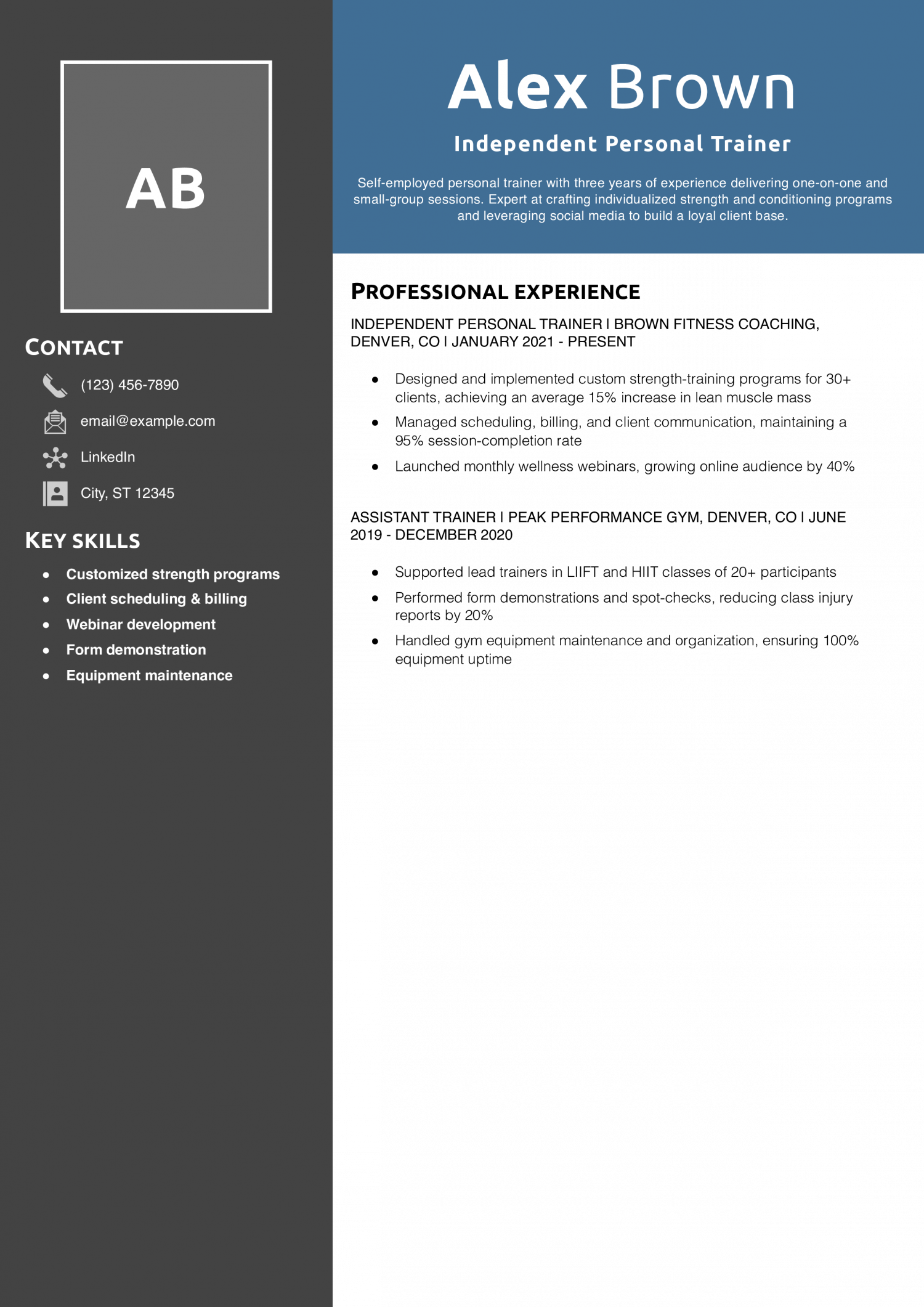 Independent Personal Trainer Resume Example
