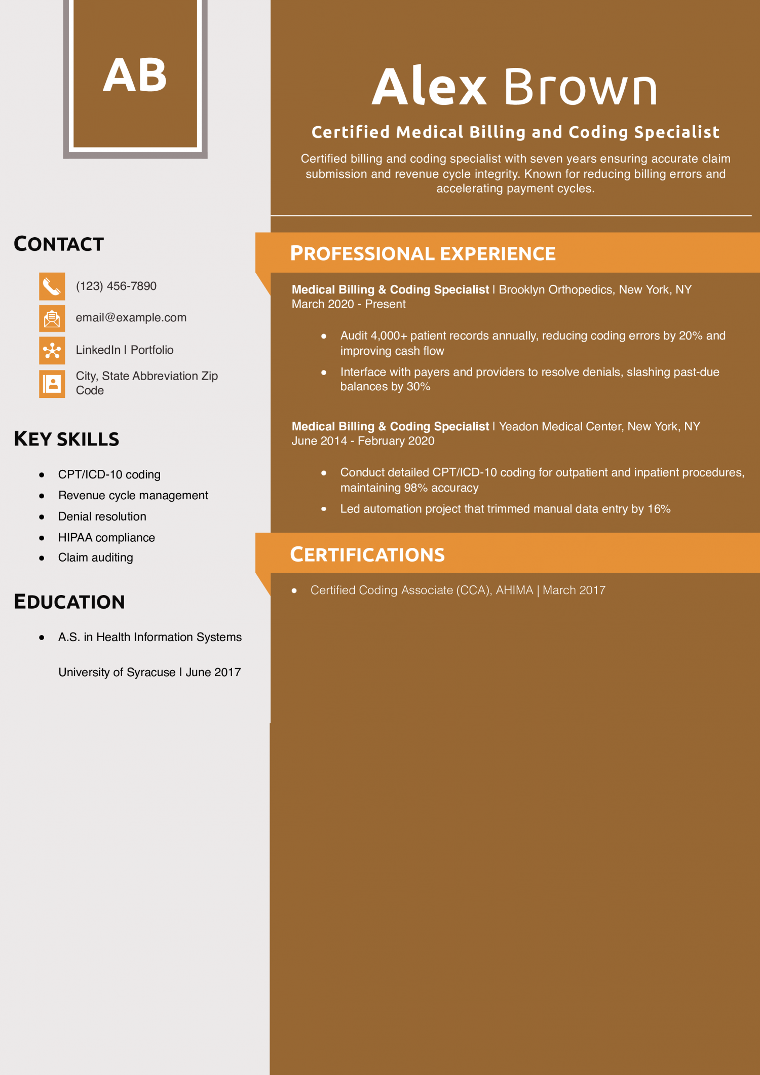 Certified Medical Billing and Coding Specialist Resume Example