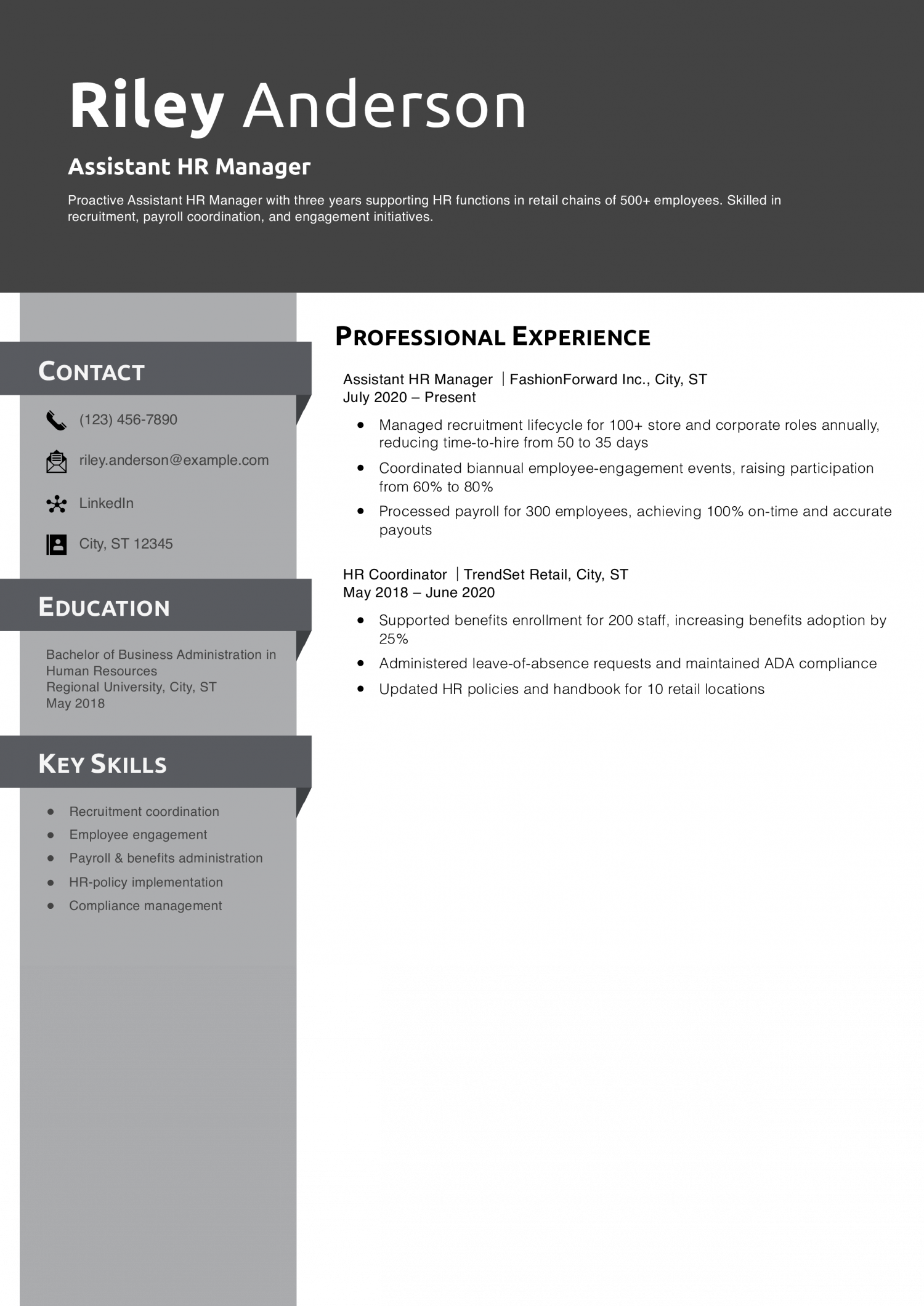 Assistant HR Manager Resume Example