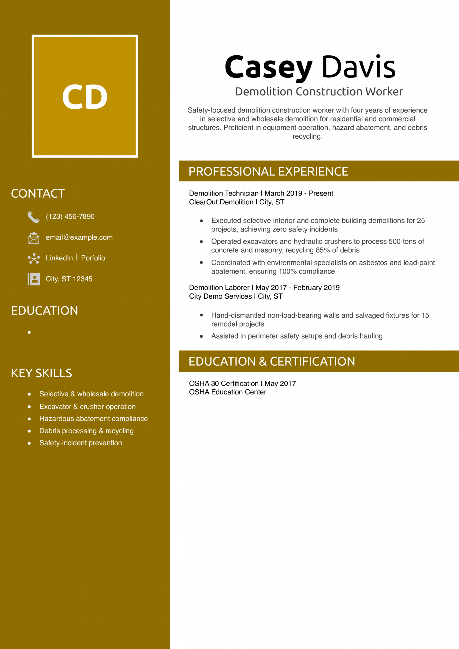 Demolition Construction Worker Resume Example