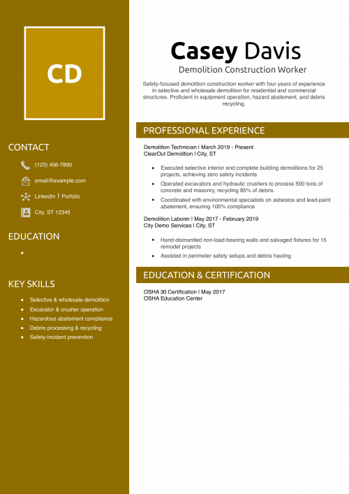 Demolition Construction Worker Resume Example