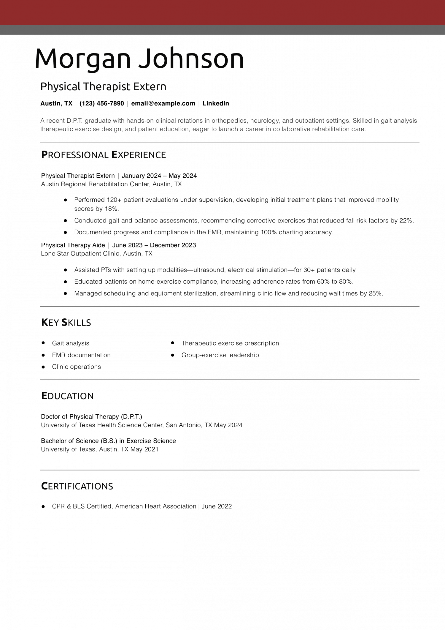 Physical Therapist Extern Resume Example
