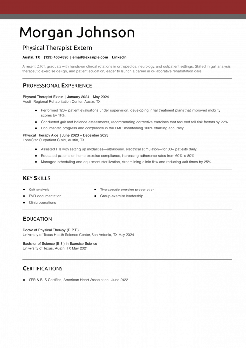 Physical Therapist Extern Resume Example
