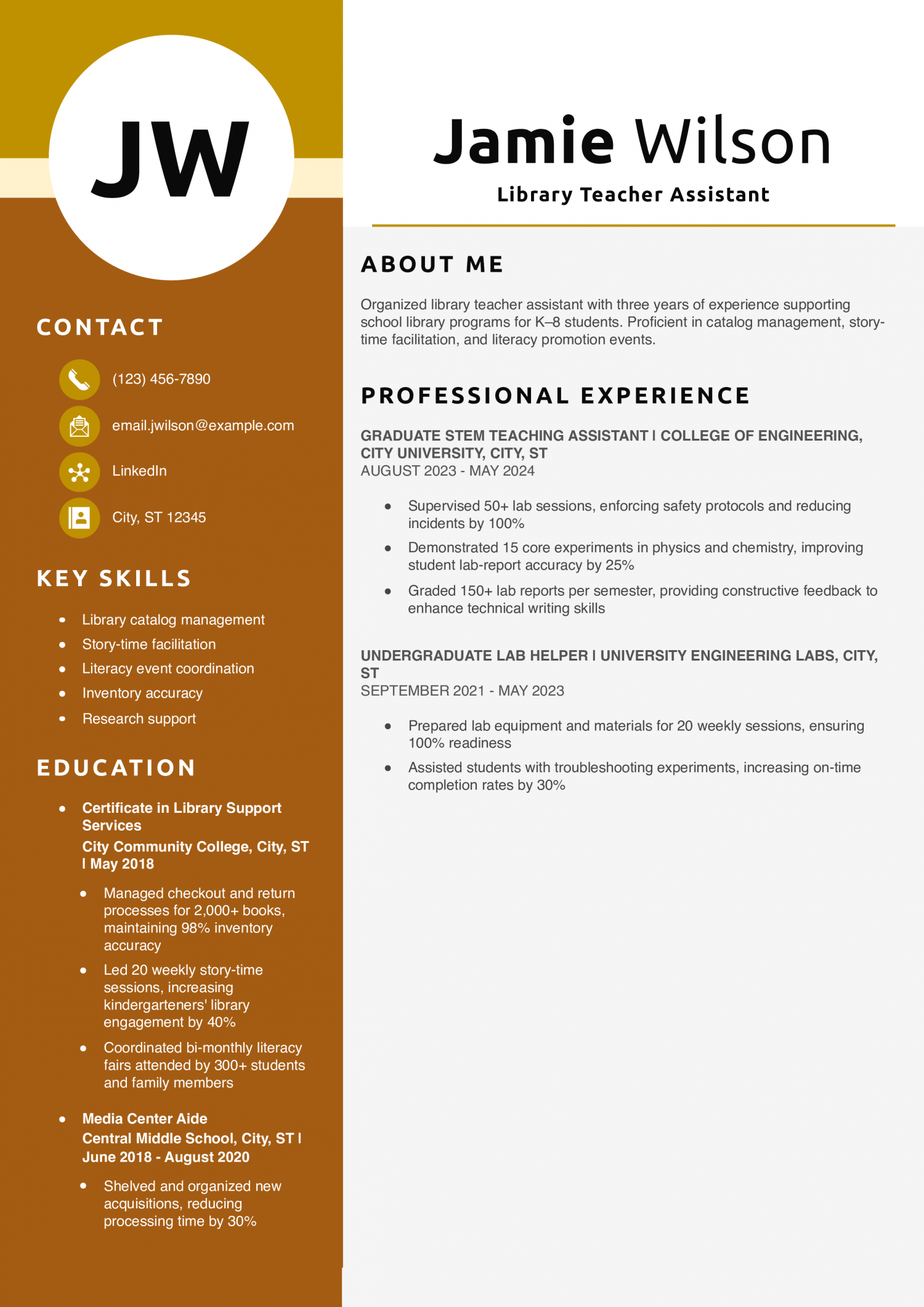 Library Teacher Assistant Resume Example