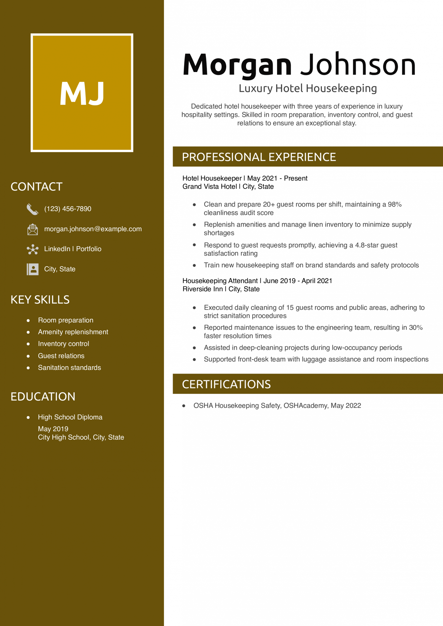 Luxury Hotel Housekeeping Resume Example