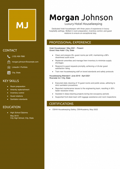 Luxury Hotel Housekeeping Resume Example