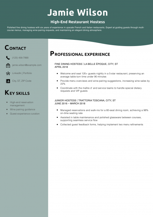 High-End Restaurant Hostess Resume Example