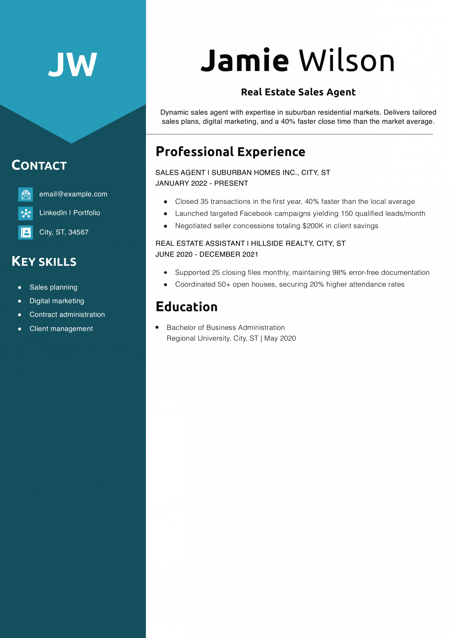 Real Estate Sales Agent Resume Sample