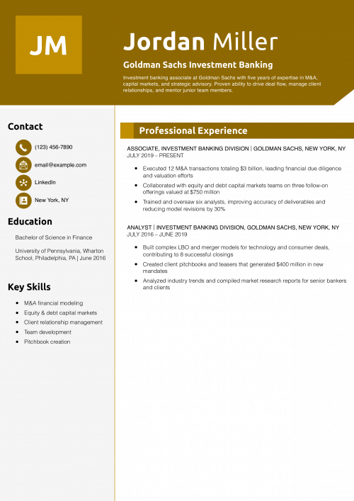 Goldman Sachs Investment Banking Resume Example