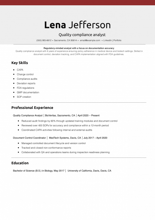 Quality compliance analyst resume