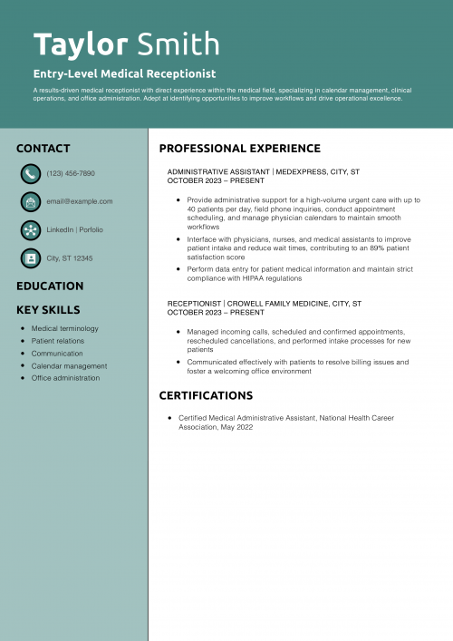 Entry-Level Medical Receptionist Resume Example