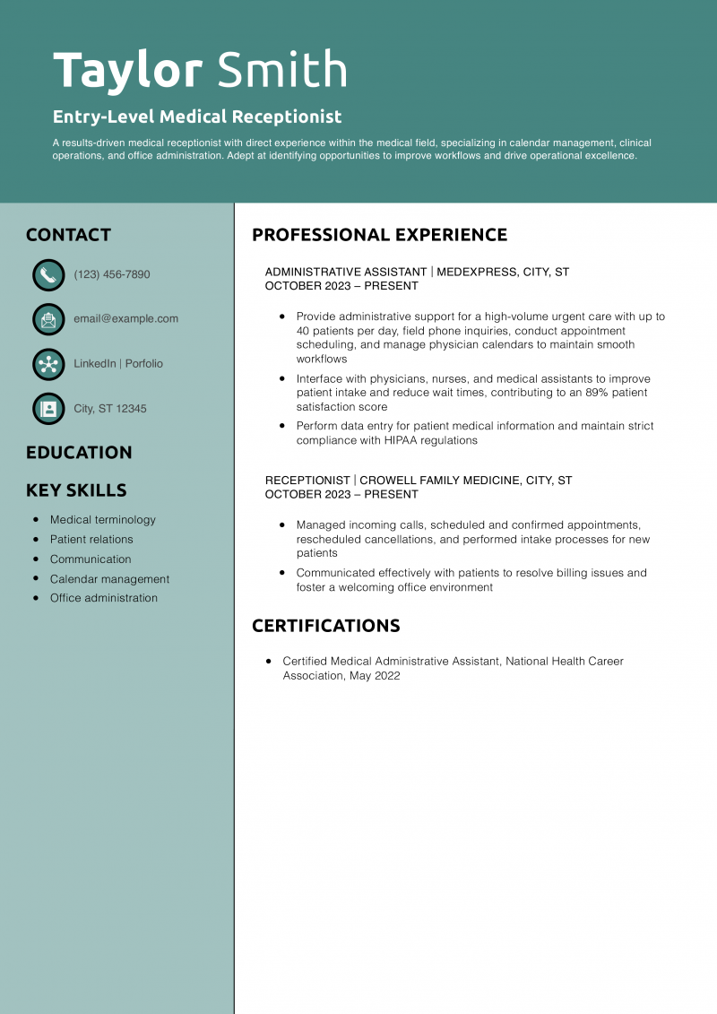 Entry-Level Medical Receptionist Resume Example