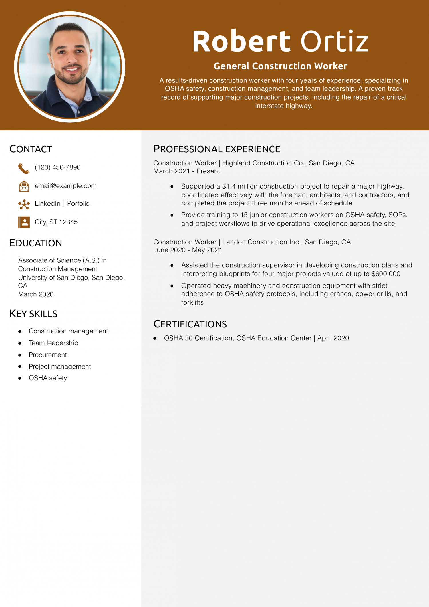 General Construction Worker Resume Example