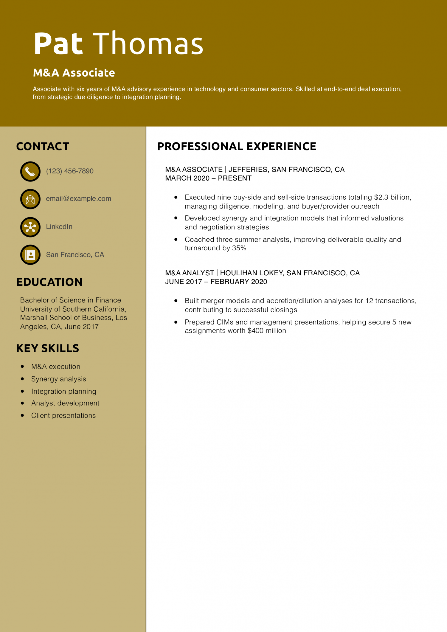 M&A Associate Resume Example
