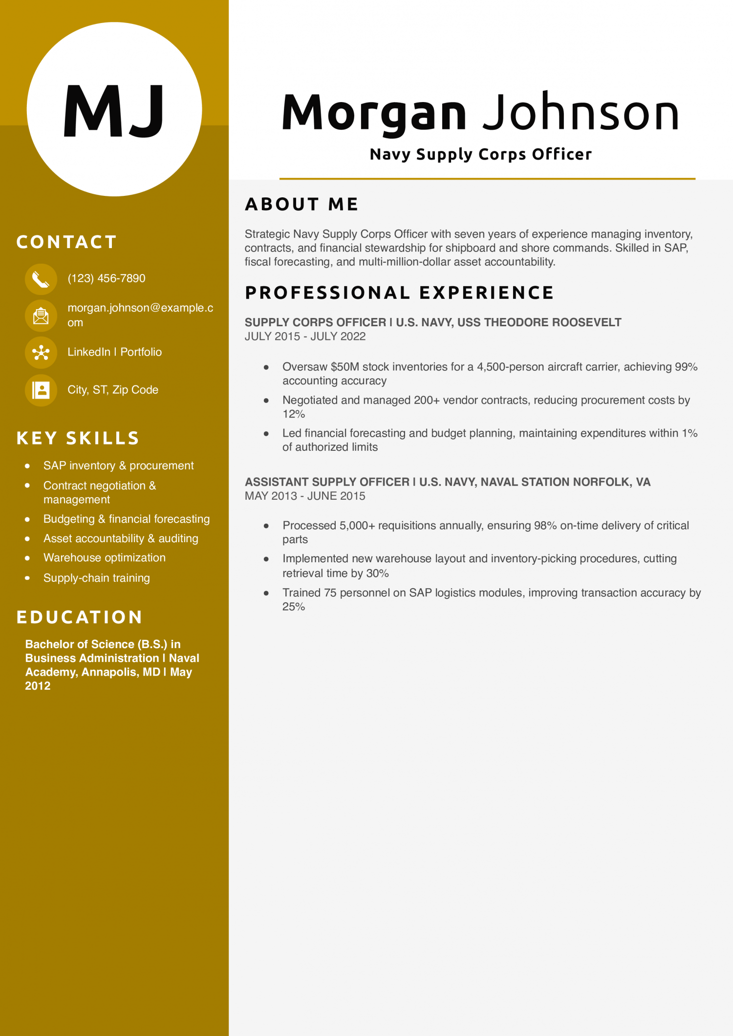 Navy Supply Corps Officer Resume Example 