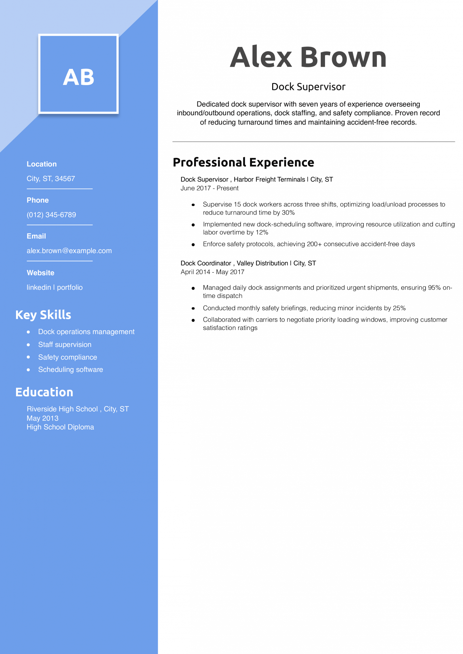 Dock Supervisor Resume Example