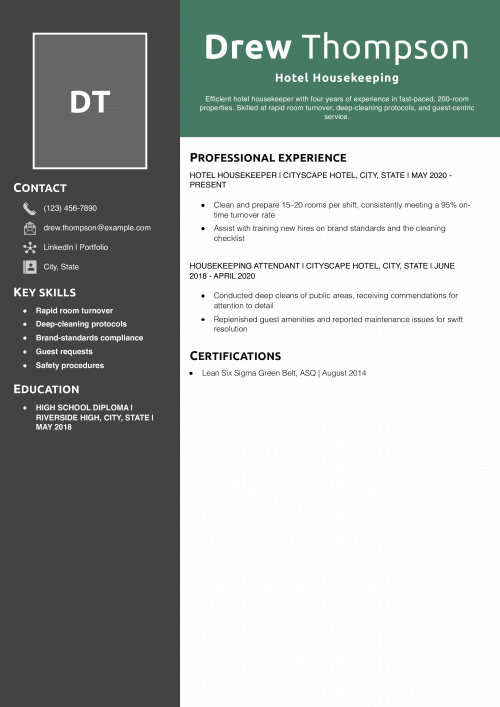 Hotel Housekeeping Resume Example