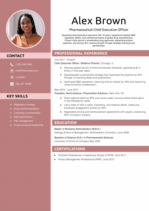 Pharmaceutical Chief Executive Officer Resume Example