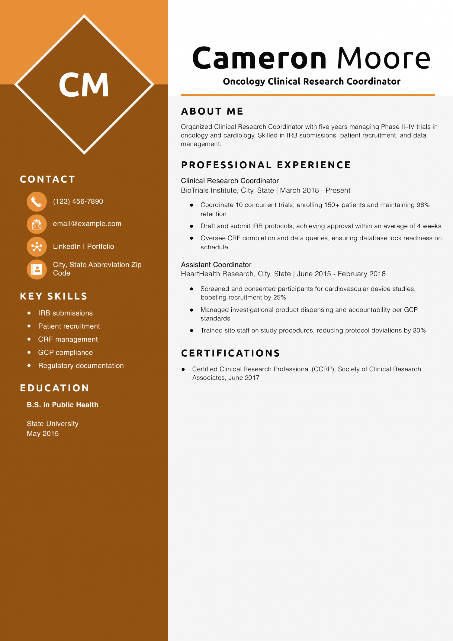 Oncology Clinical Research Coordinator Resume Example