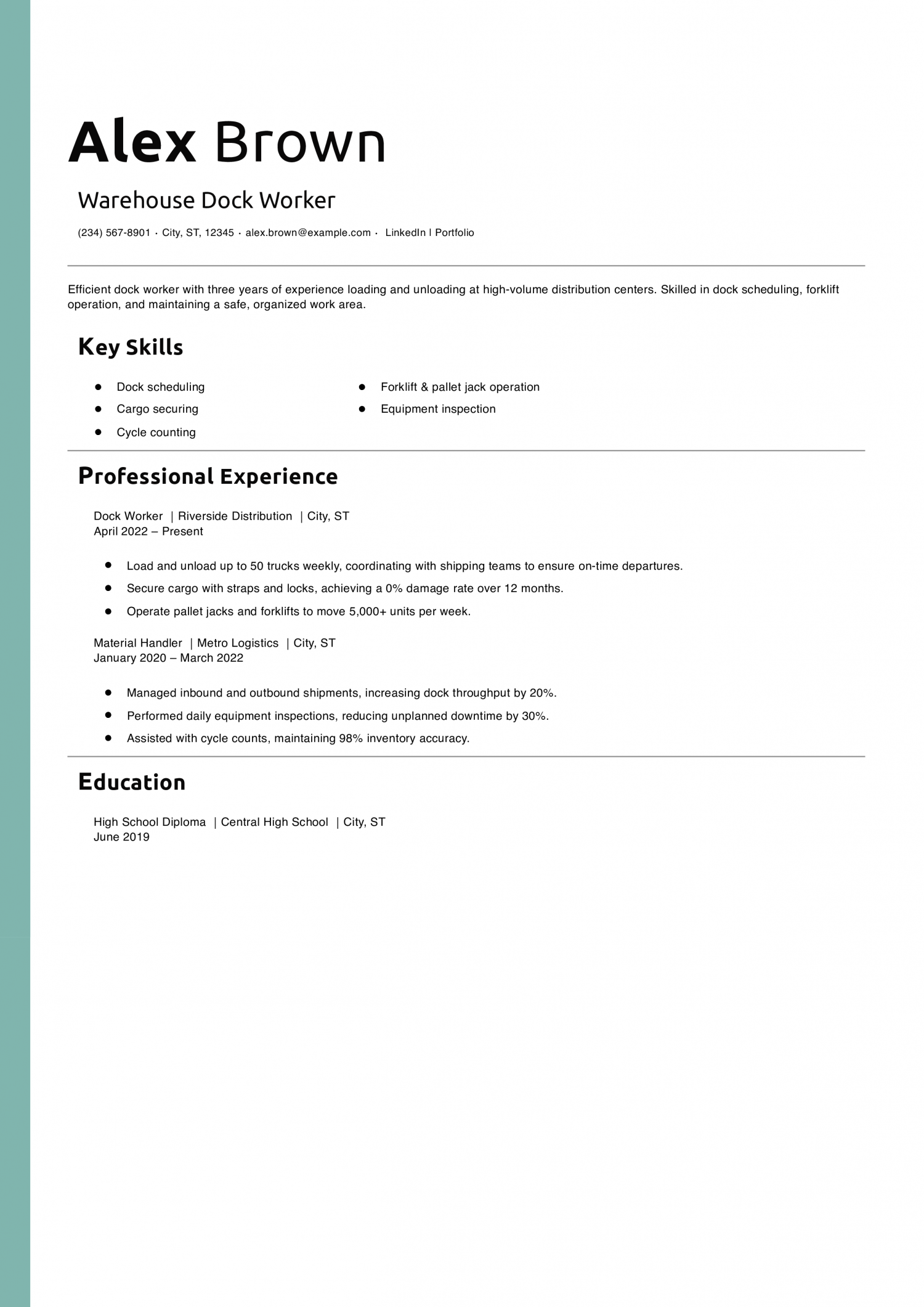 Warehouse Dock Worker Resume Example