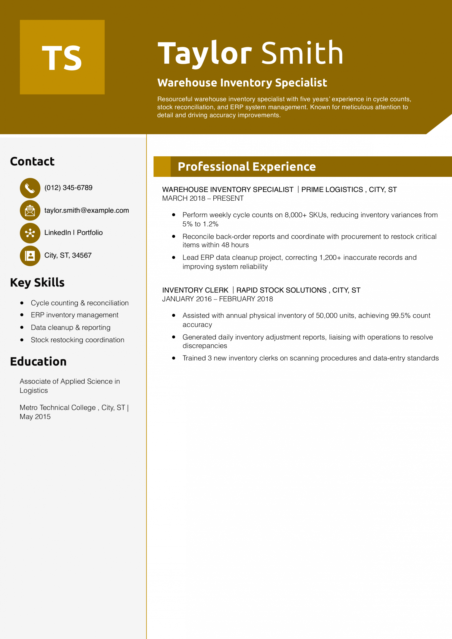 Warehouse Inventory Specialist Resume Example
