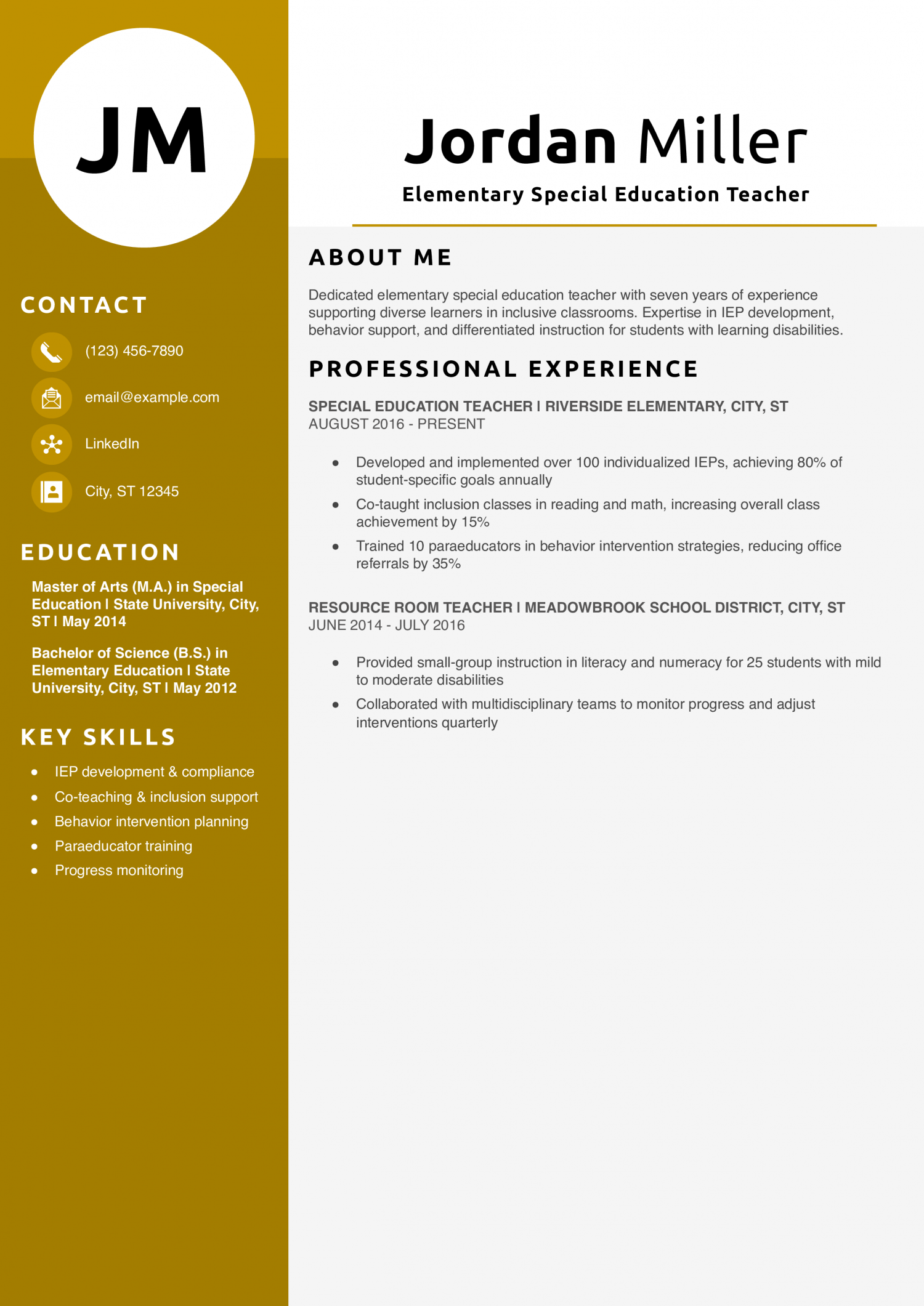 Elementary Special Education Teacher Resume Example