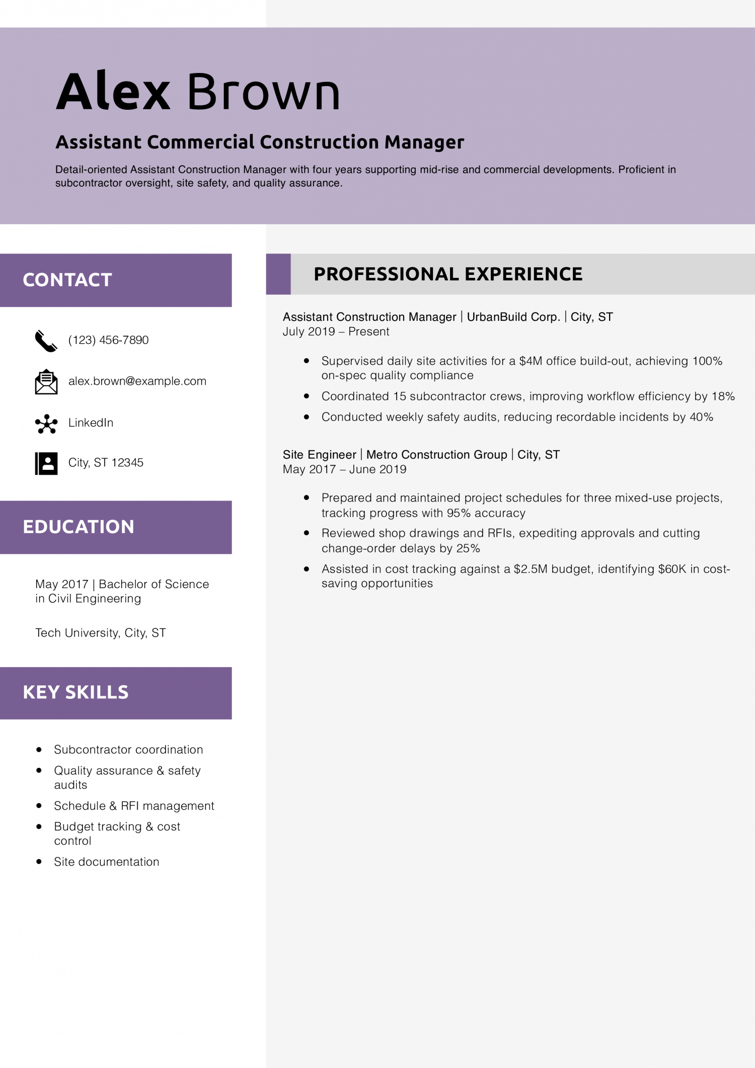 Assistant Commercial Construction Manager Resume Example
