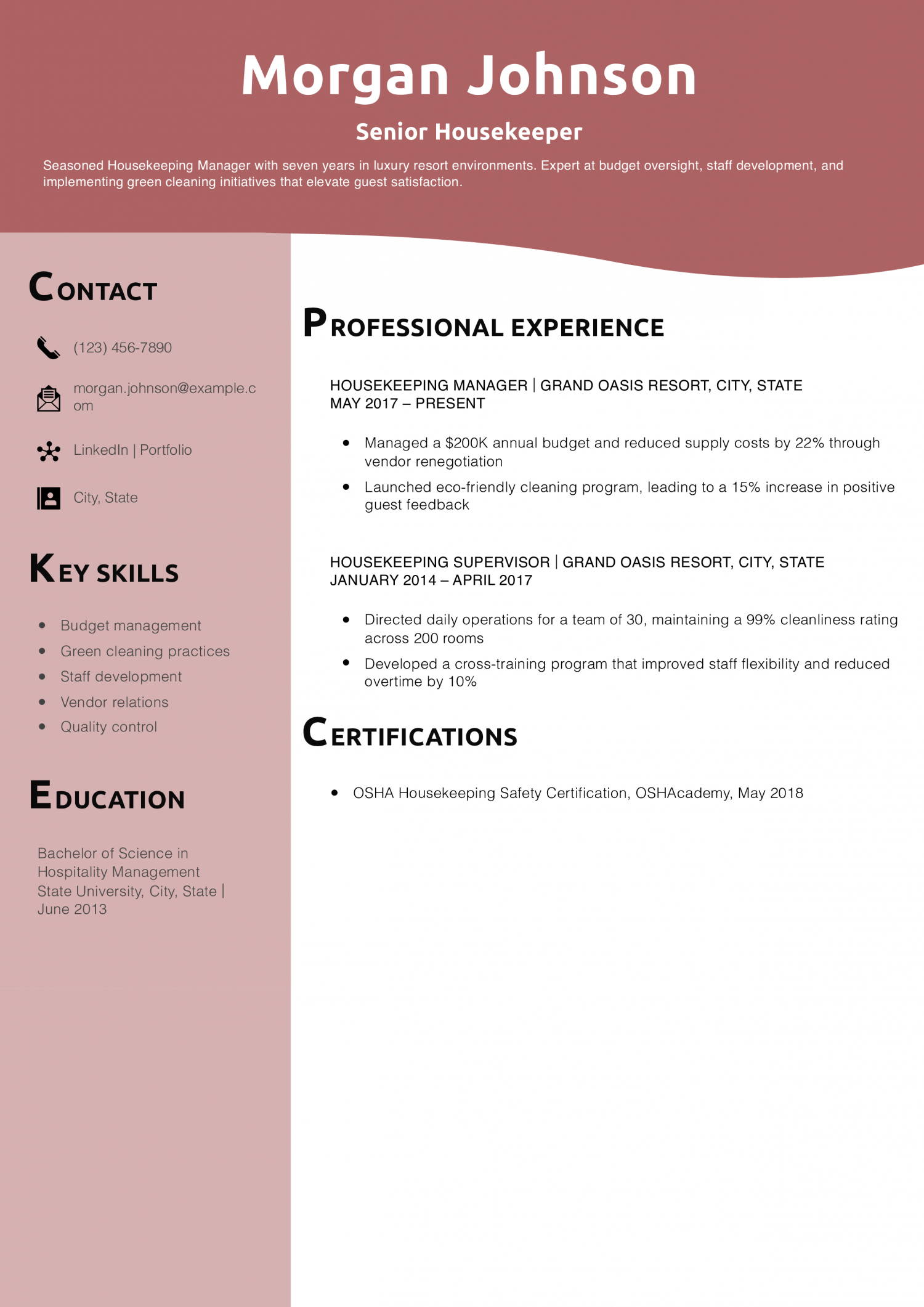Senior Housekeeper Resume Example