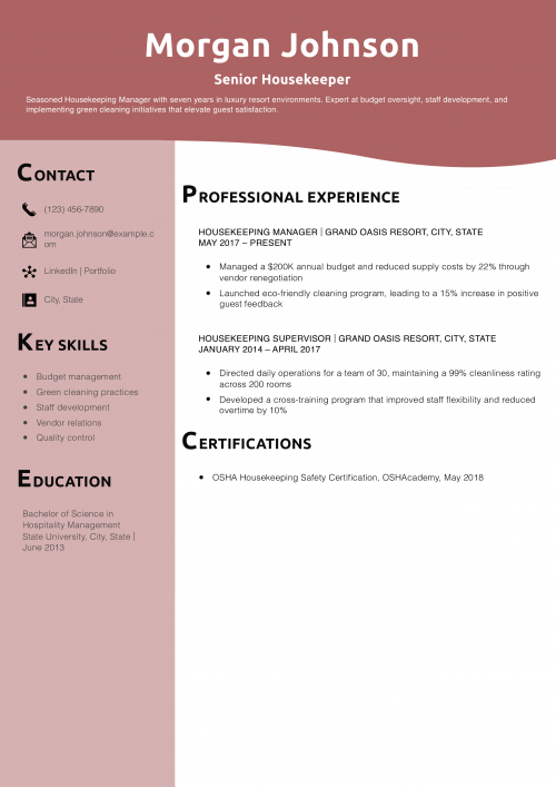 Senior Housekeeper Resume Example