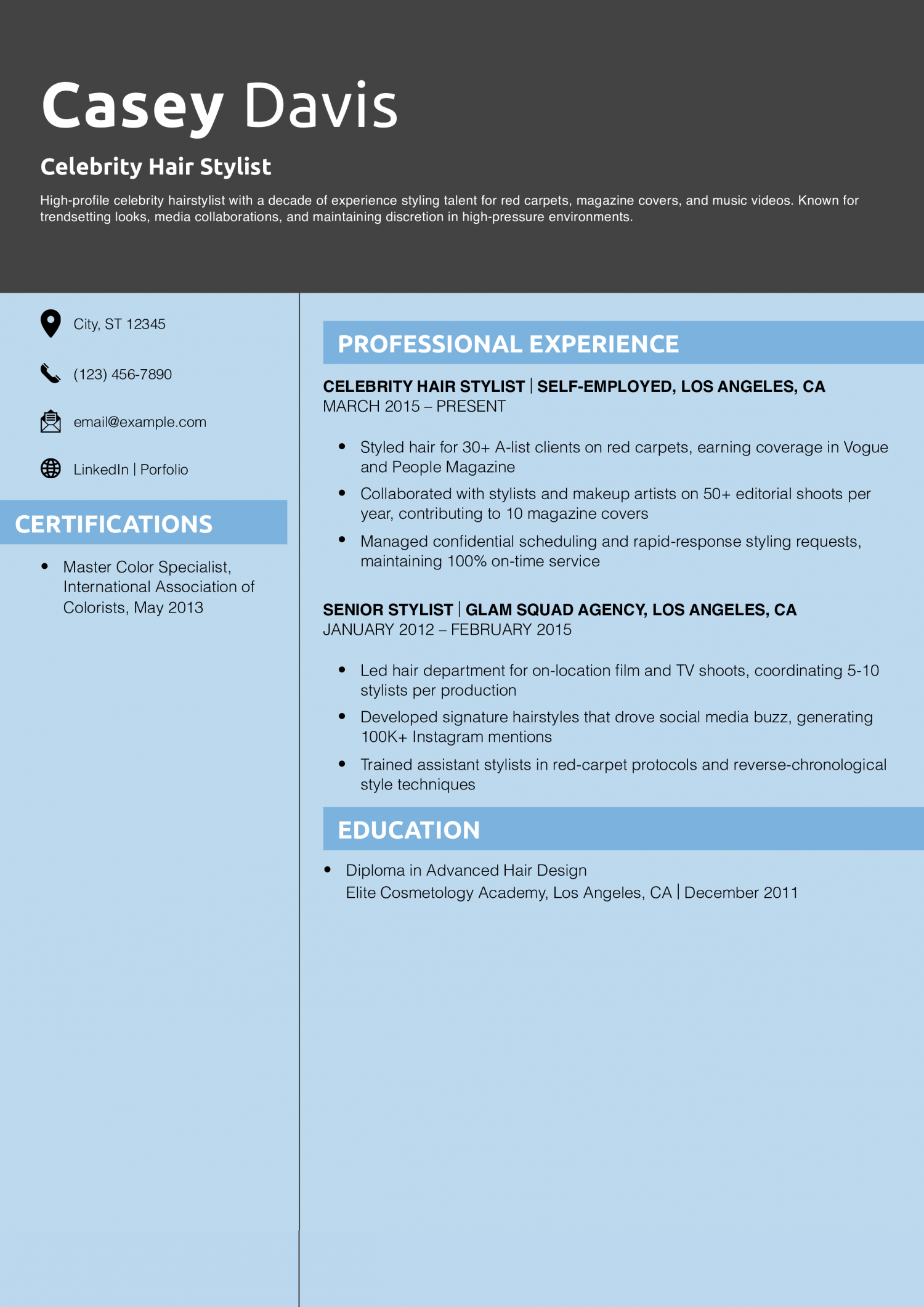 Celebrity Hair Stylist Resume Example