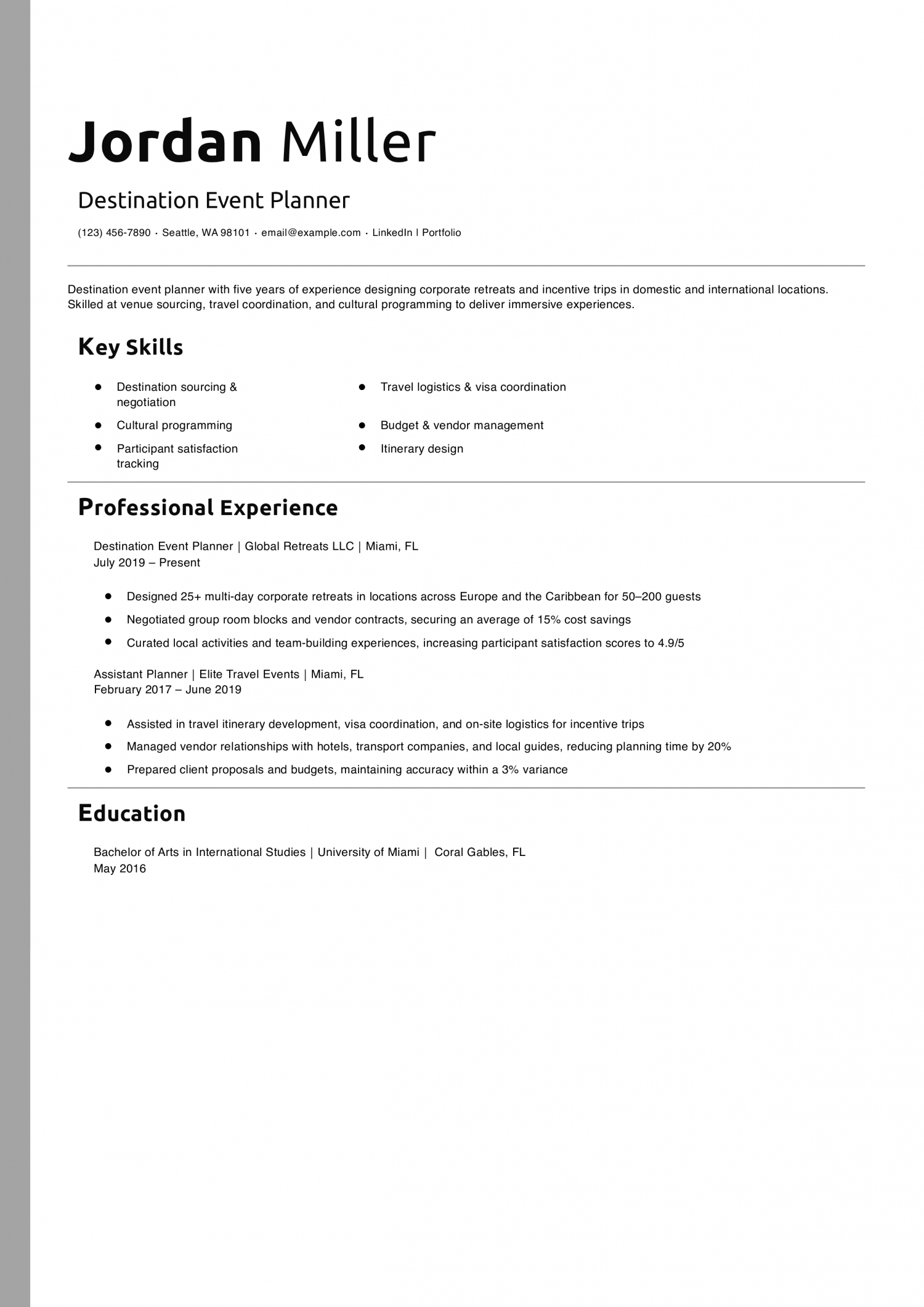 Destination Event Planner Resume Example