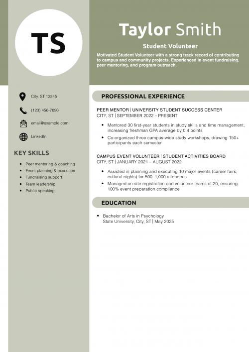 Student Volunteer Resume Example