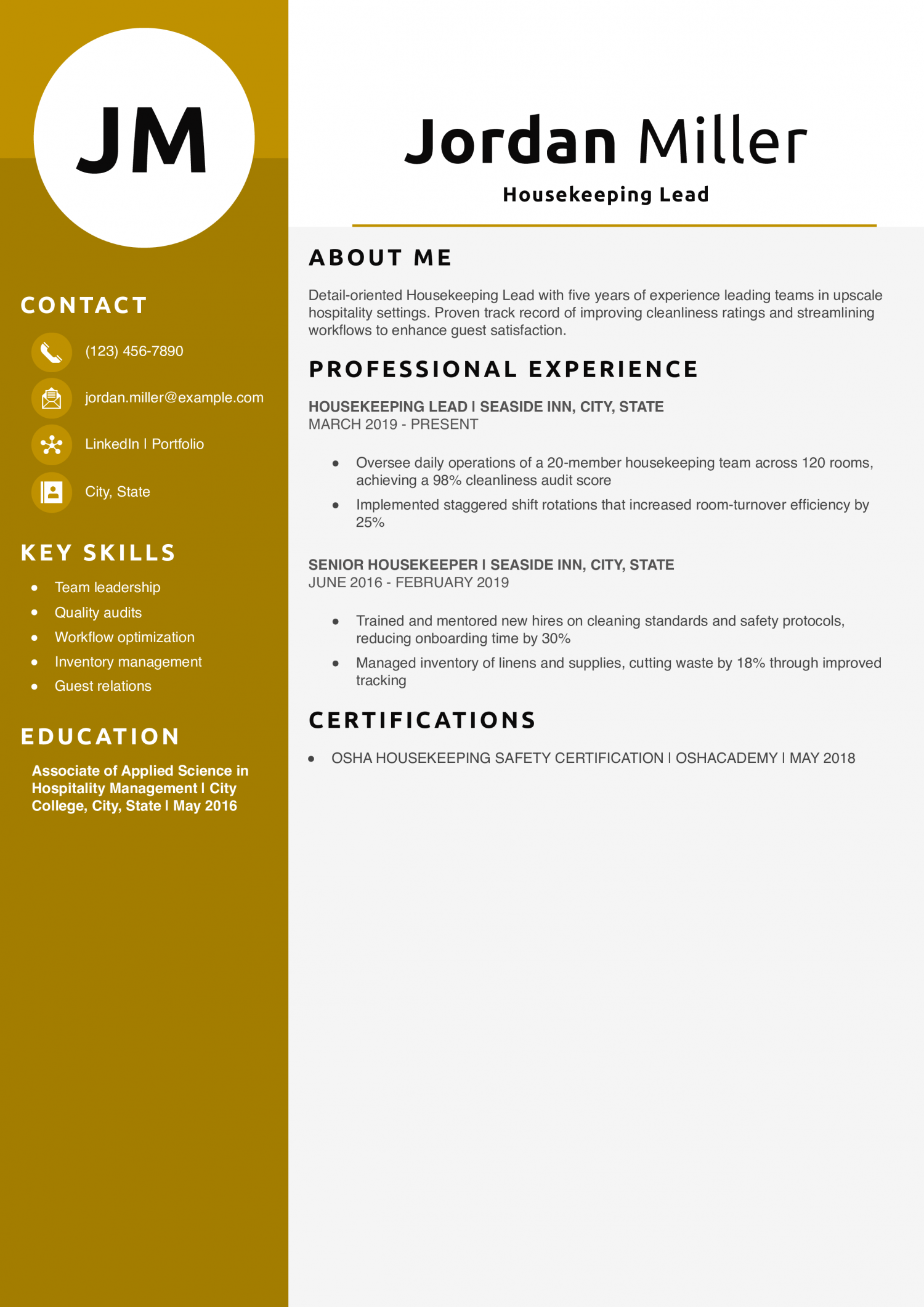 Housekeeping Lead Resume Example