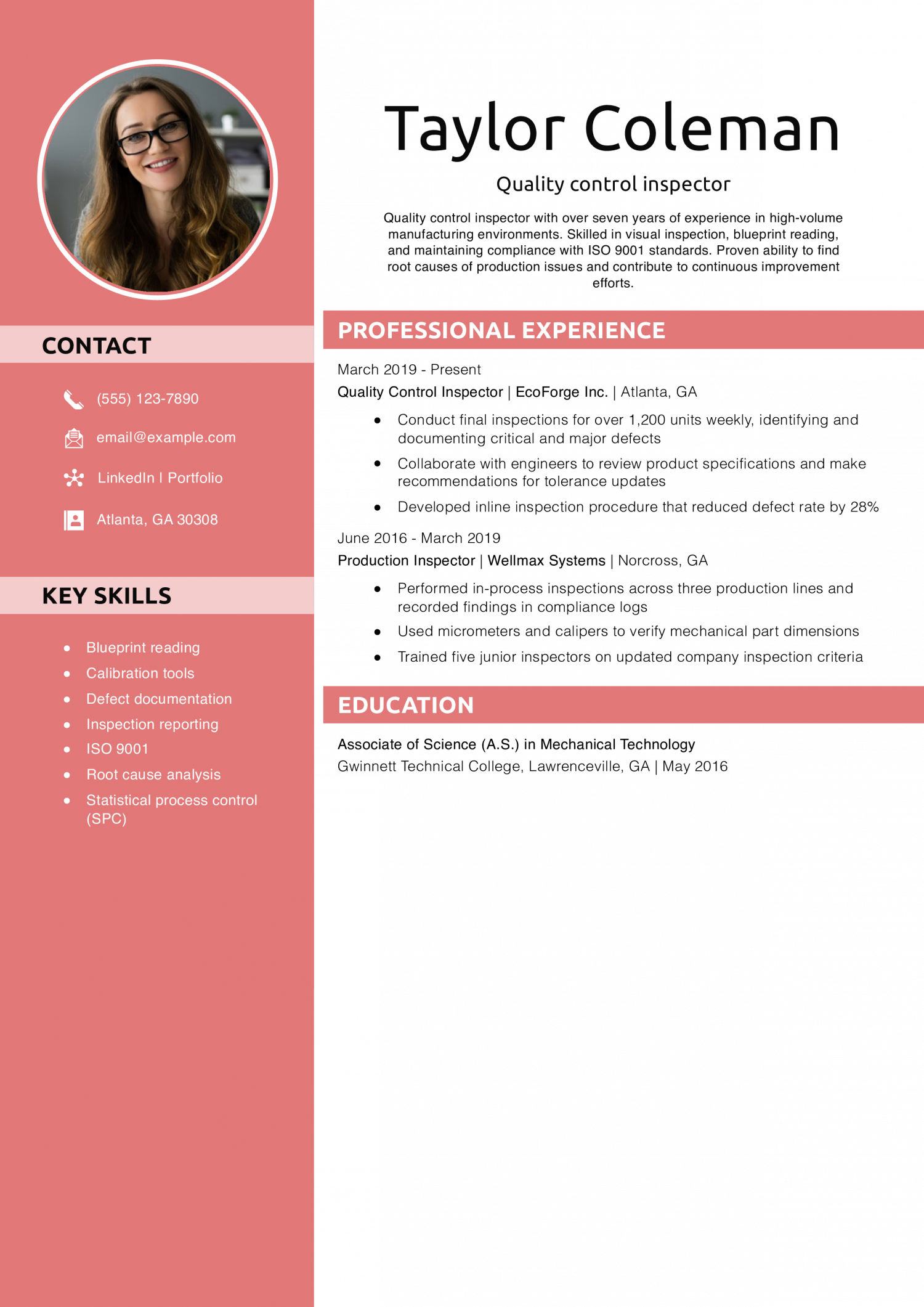 Quality control inspector resume