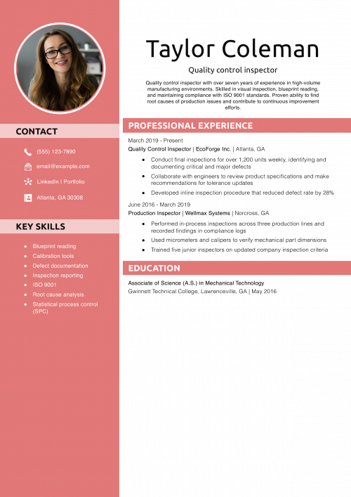 Quality control inspector resume