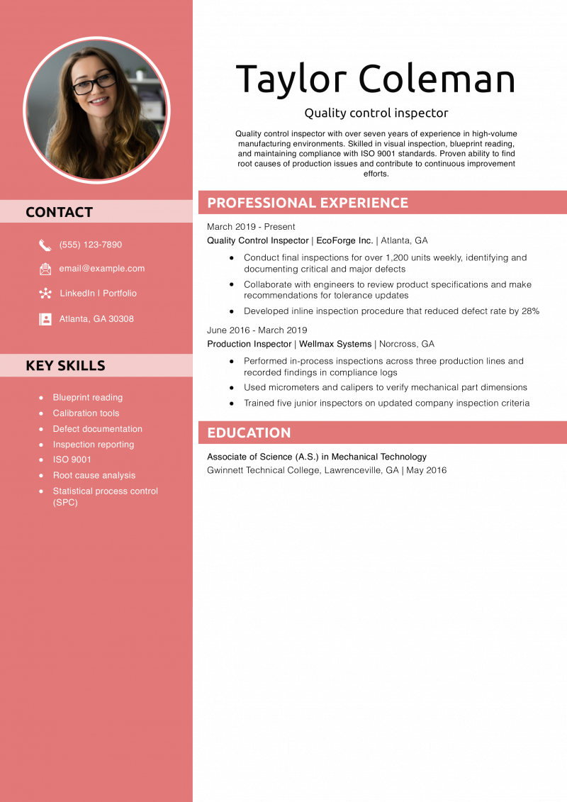 Quality control inspector resume