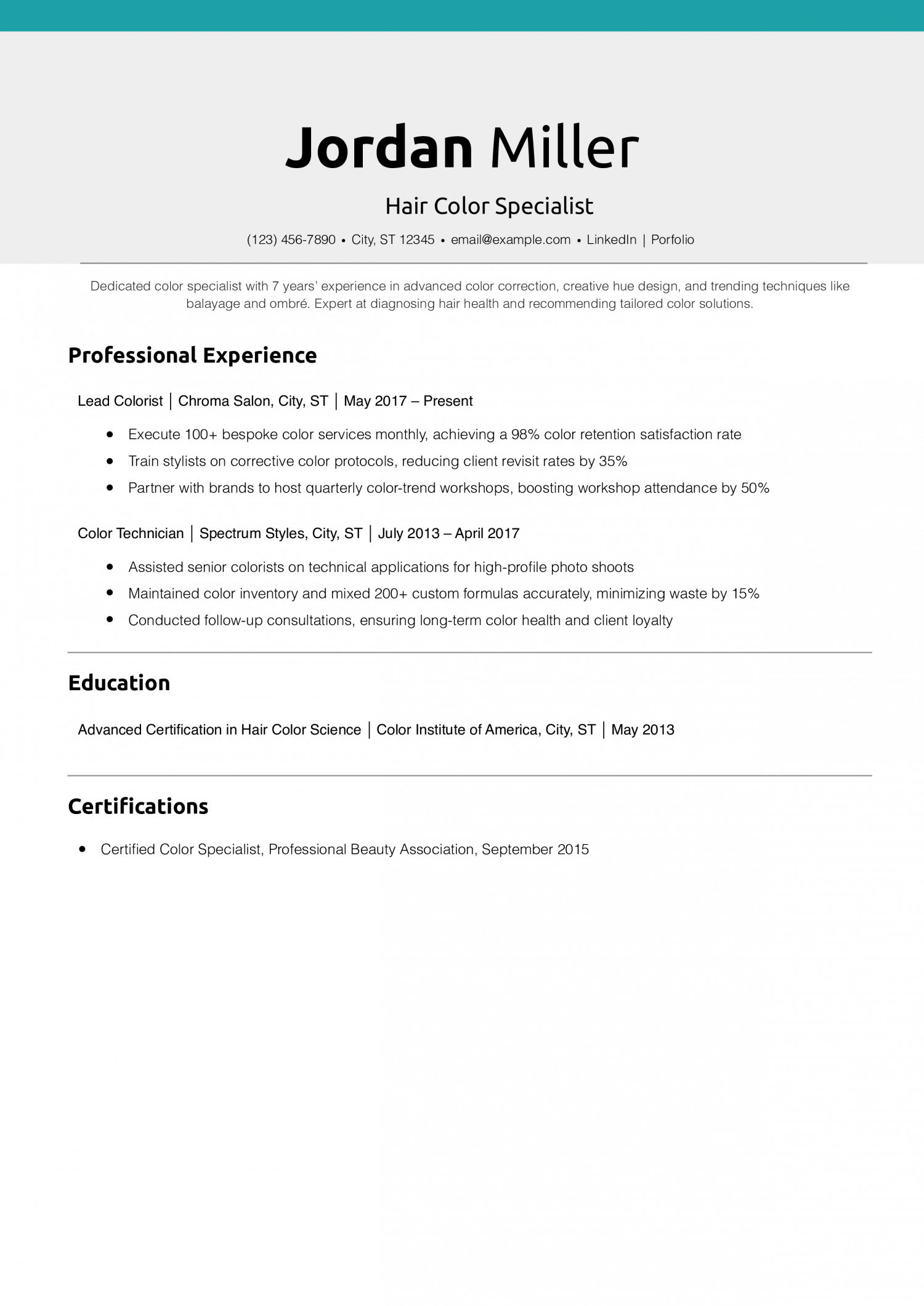 Hair Color Specialist Resume Example