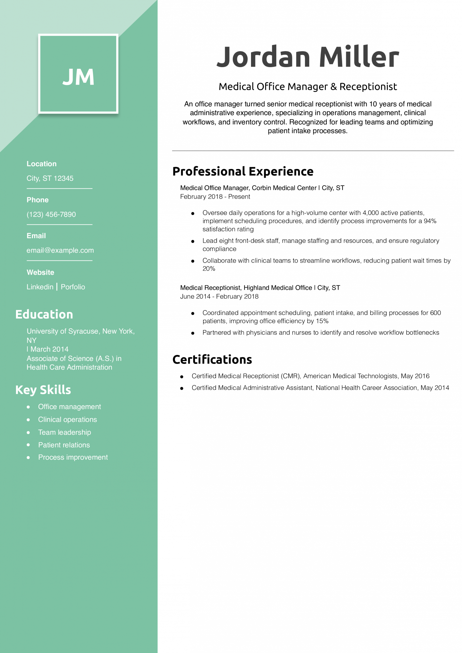 Medical Office Manager & Receptionist Resume Example