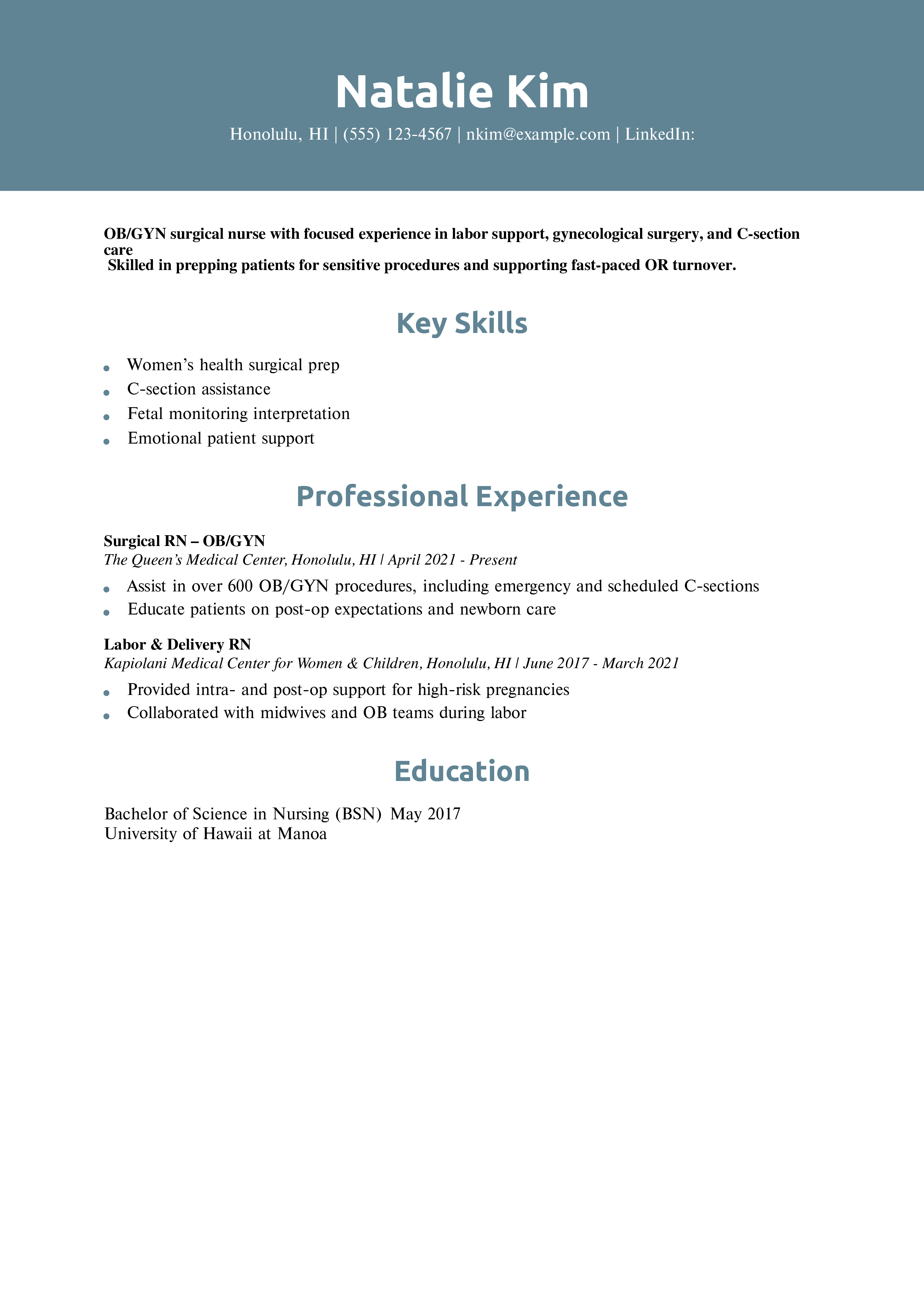 OB/GYN Surgical Nurse Resume