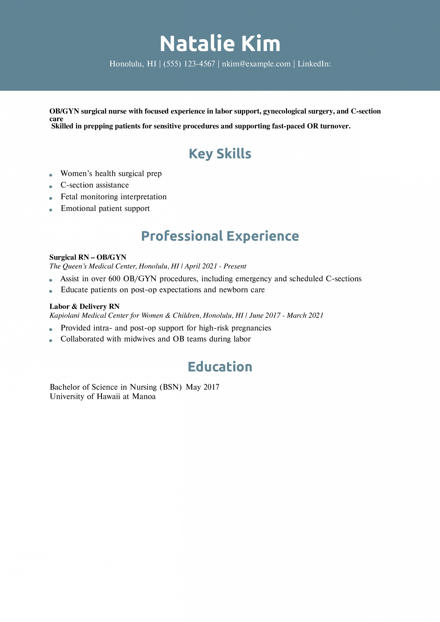 OB/GYN Surgical Nurse Resume