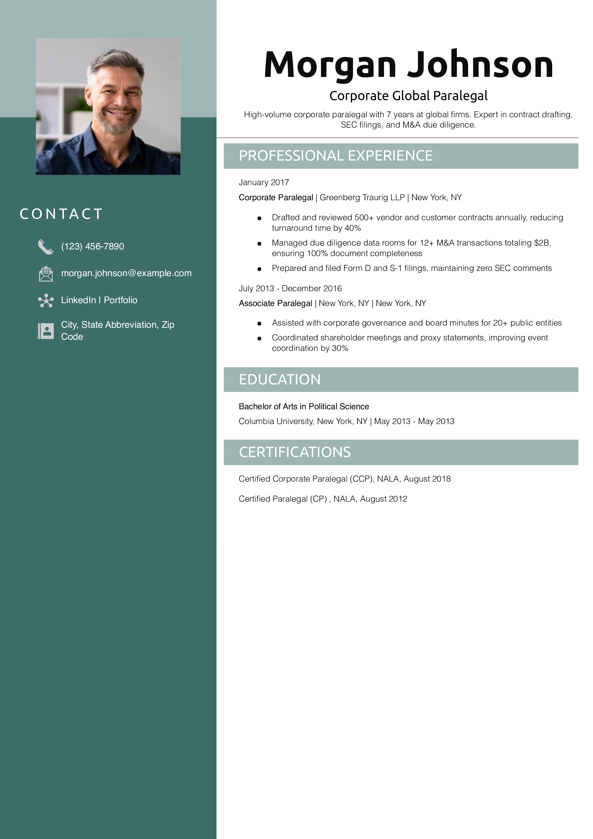 Corporate Global Paralegal Resume Example